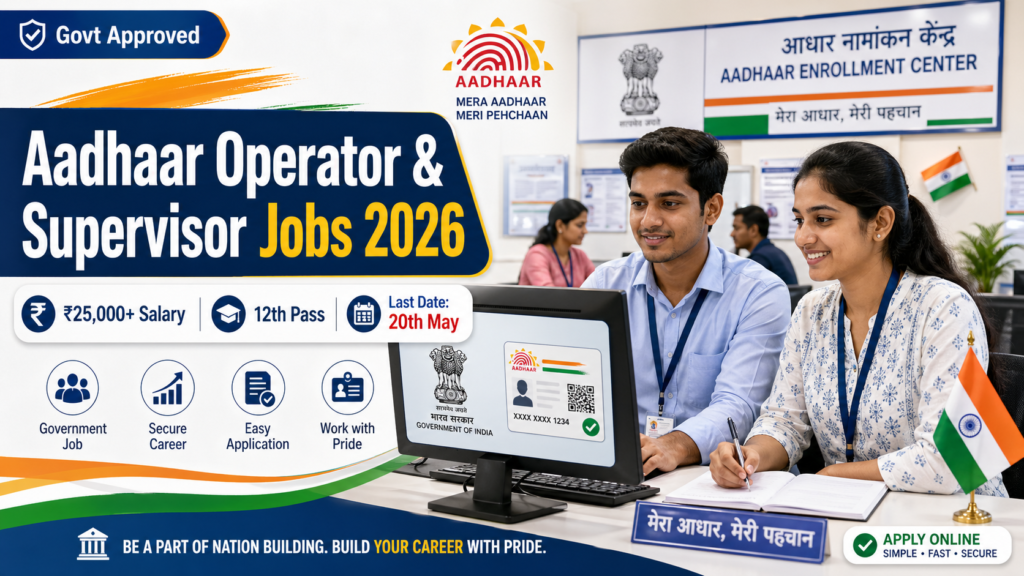 Aadhaar Operator & Supervisor Recruitment 2026: ₹25,000+ Salary, 12th Pass Apply Now